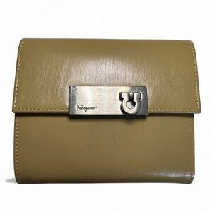 Salvatore Ferragamo Gancini Kisslock Beige Leather Tri-Fold Wallet